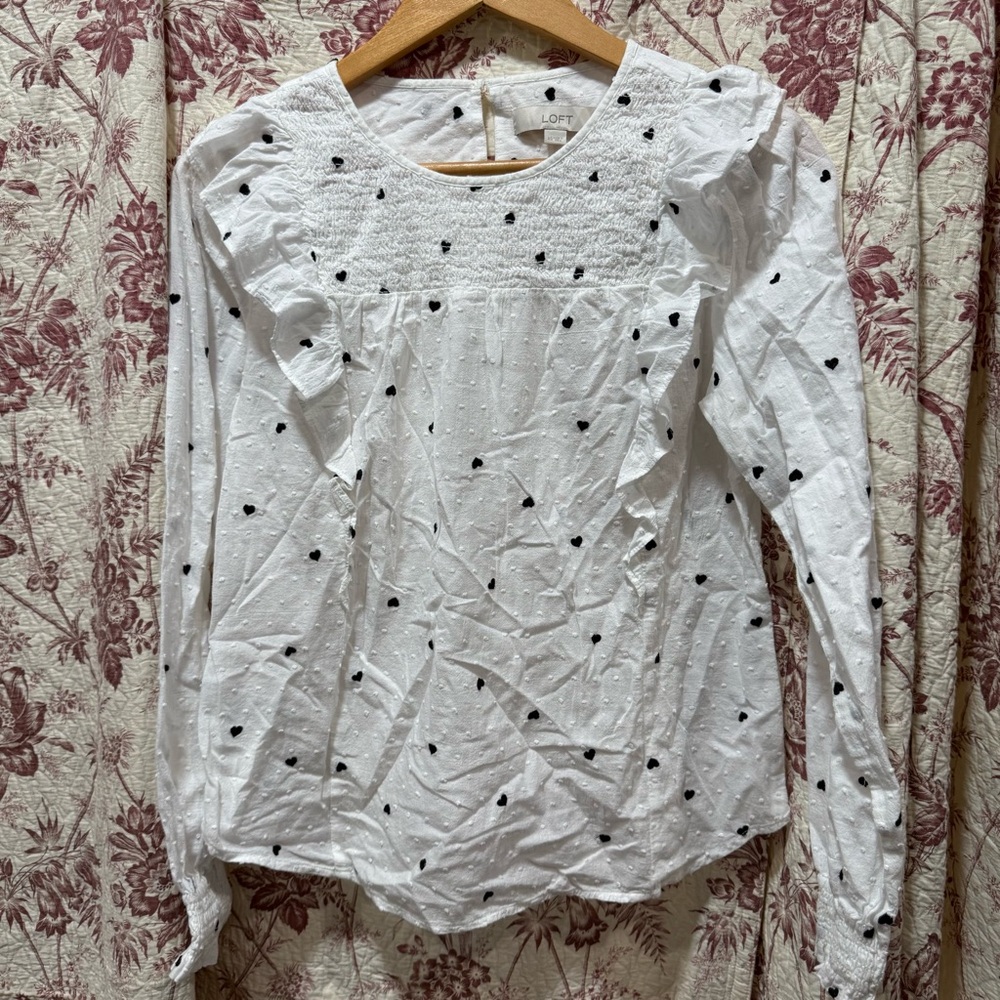 LOFT White Smocked Heart Print Ruffle Blouse Women’s XS